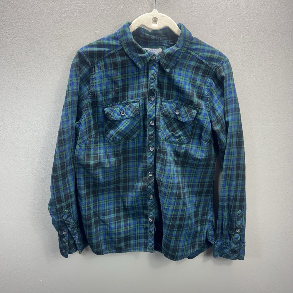 Croft & Barrow Petites Size S Green Blue Plaid Flannel Button Down Shirt